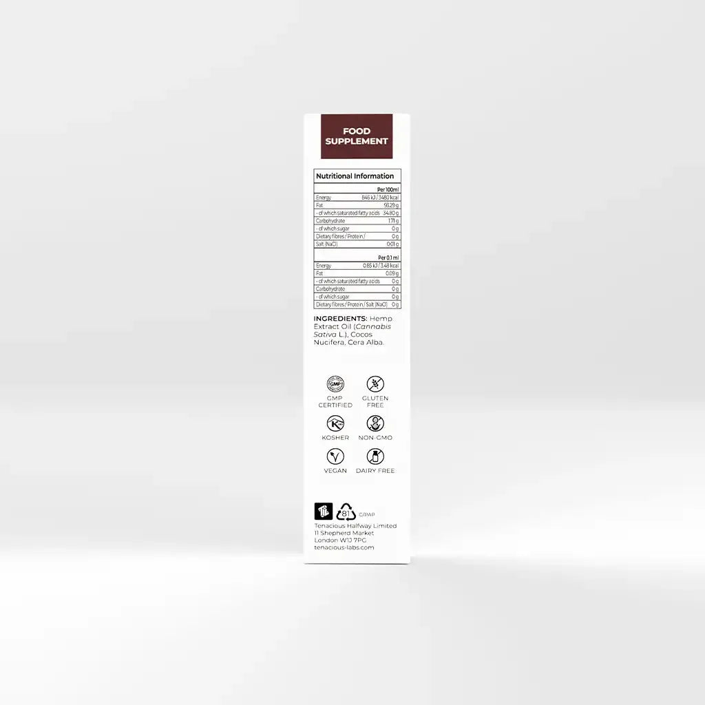 The back of Provacan Ultimate 50% CBD Paste box with nutritional information, ingredients and certifications.
Ingredients: Hemp Extract Oil (Cannabis Sativa L.), Cocos Nucifera, Cera Alba.
Certification:
GMP Certified
Gluten Free
Kosher
Non-GMO
Vegan
Diary-Free